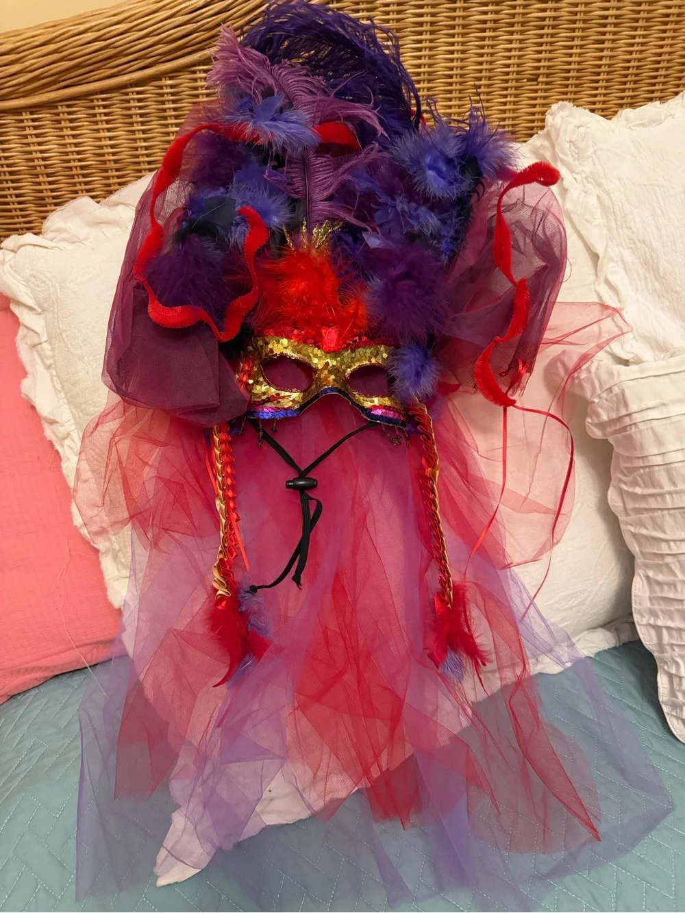 Vintage Signed Chapeau Maui Handcrafted Masquerade Mask & Feather Headdress